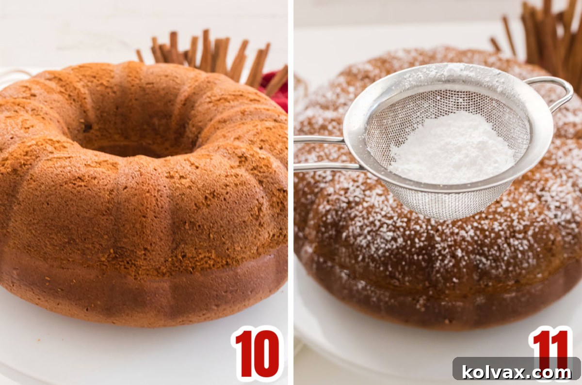 Yuletide Morning Coffee Cake 8 A collage showing the cooling process of the bundt cake on a wire rack and the final step of dusting it with powdered sugar.