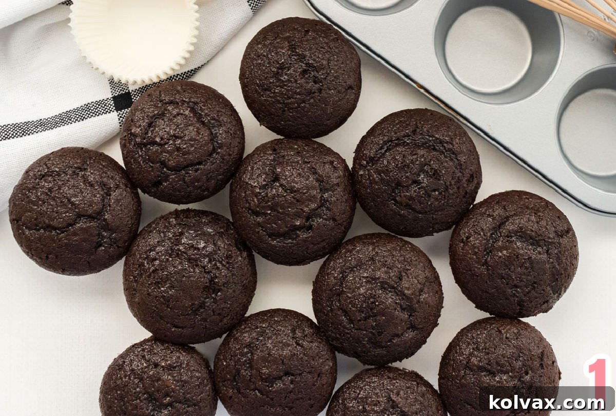Twelve freshly baked chocolate cupcakes in pink polka dot liners, cooling on a rack next to a cupcake pan.