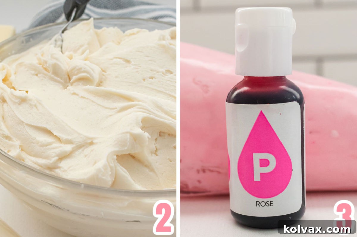 Collage showing pink food coloring being added to white buttercream and the resulting smooth, light pink frosting.