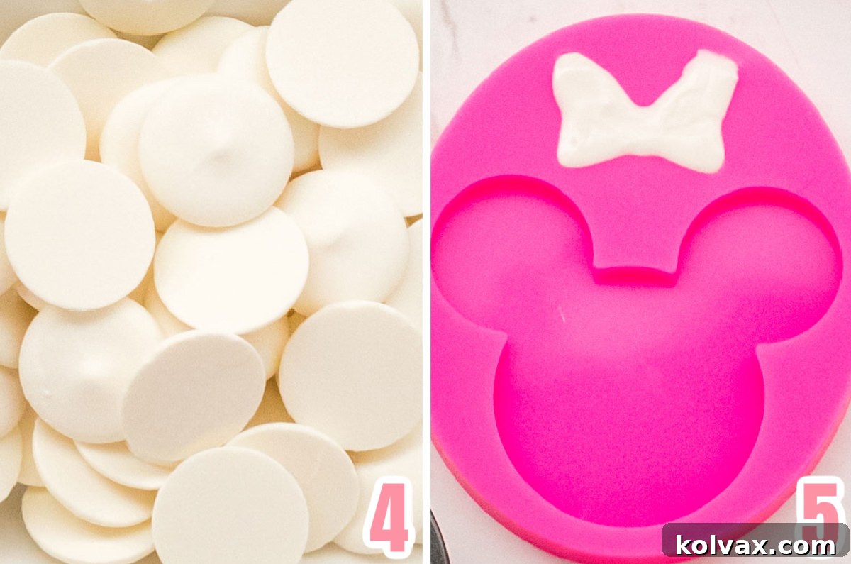 Collage demonstrating the steps to make mini white chocolate bows using candy melts and a silicone mold.