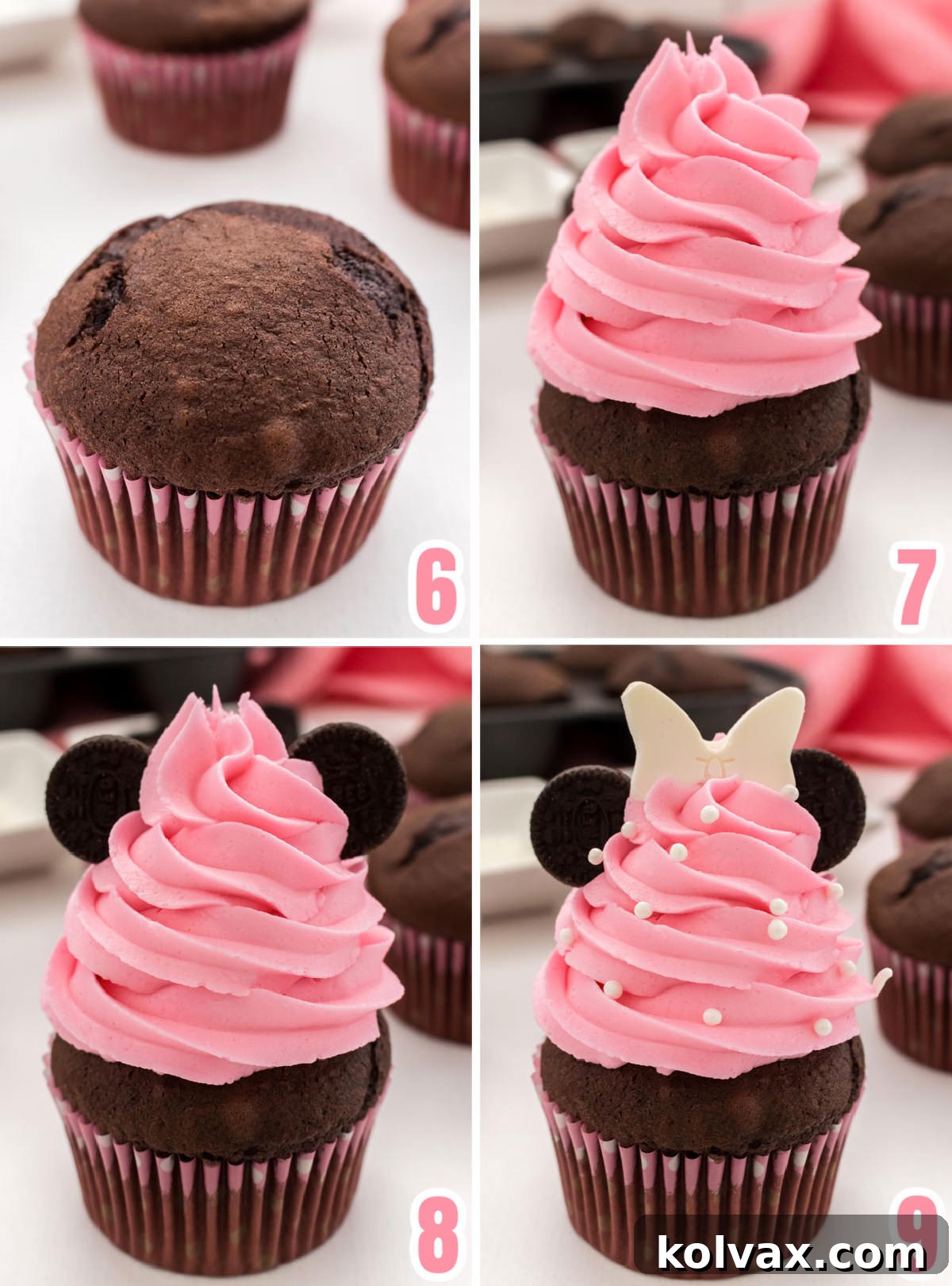 Collage showing the step-by-step process of decorating a Minnie Mouse Cupcake: frosting swirl, adding Oreo ears, placing the bow, and sprinkling sugar pearls.