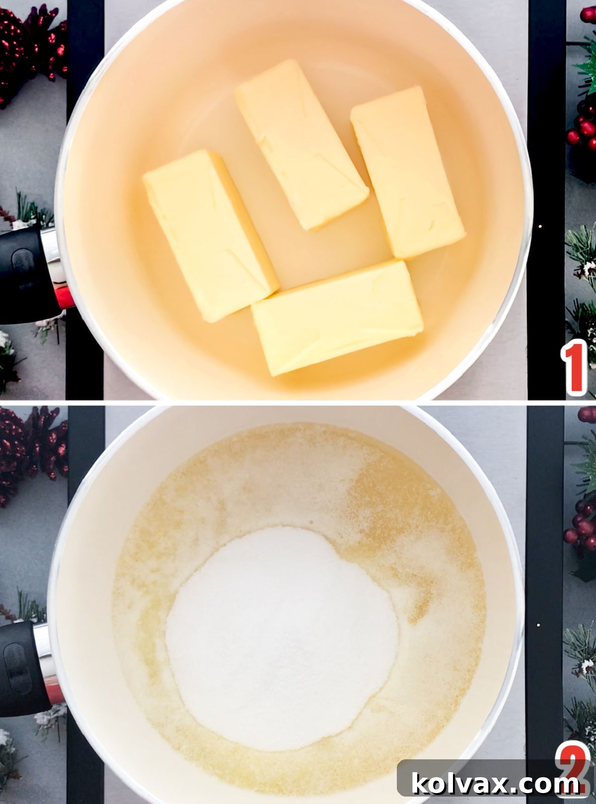 Collage image showing how to make the toffee mixture, from melting butter to adding sugar.