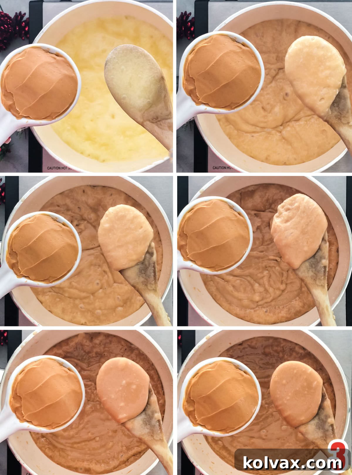 Collage image showing the toffee mixture at various stages, from light yellow to a rich peanut butter color.