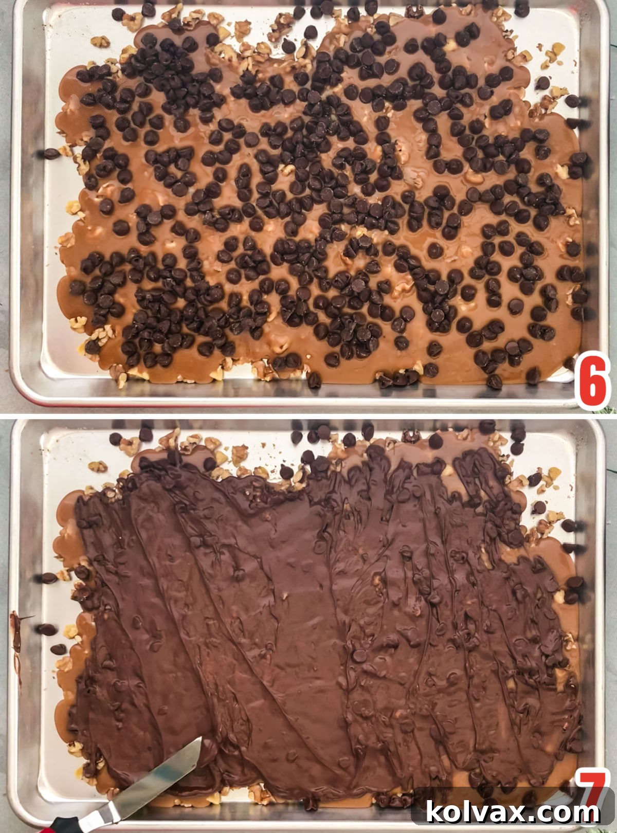 Collage image showing the steps for adding the Chocolate topping to the English Toffee, from sprinkling chips to spreading.