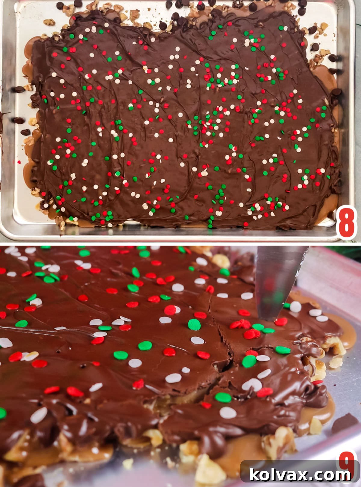 Collage image showing how to break the English Toffee into bite-sized pieces after it has cooled, and optional festive sprinkles.