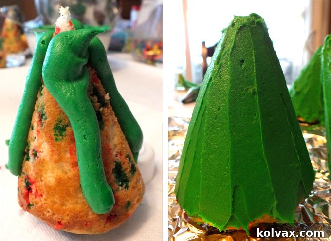 Applying green buttercream frosting to Christmas Tree Cupcakes with a piping bag