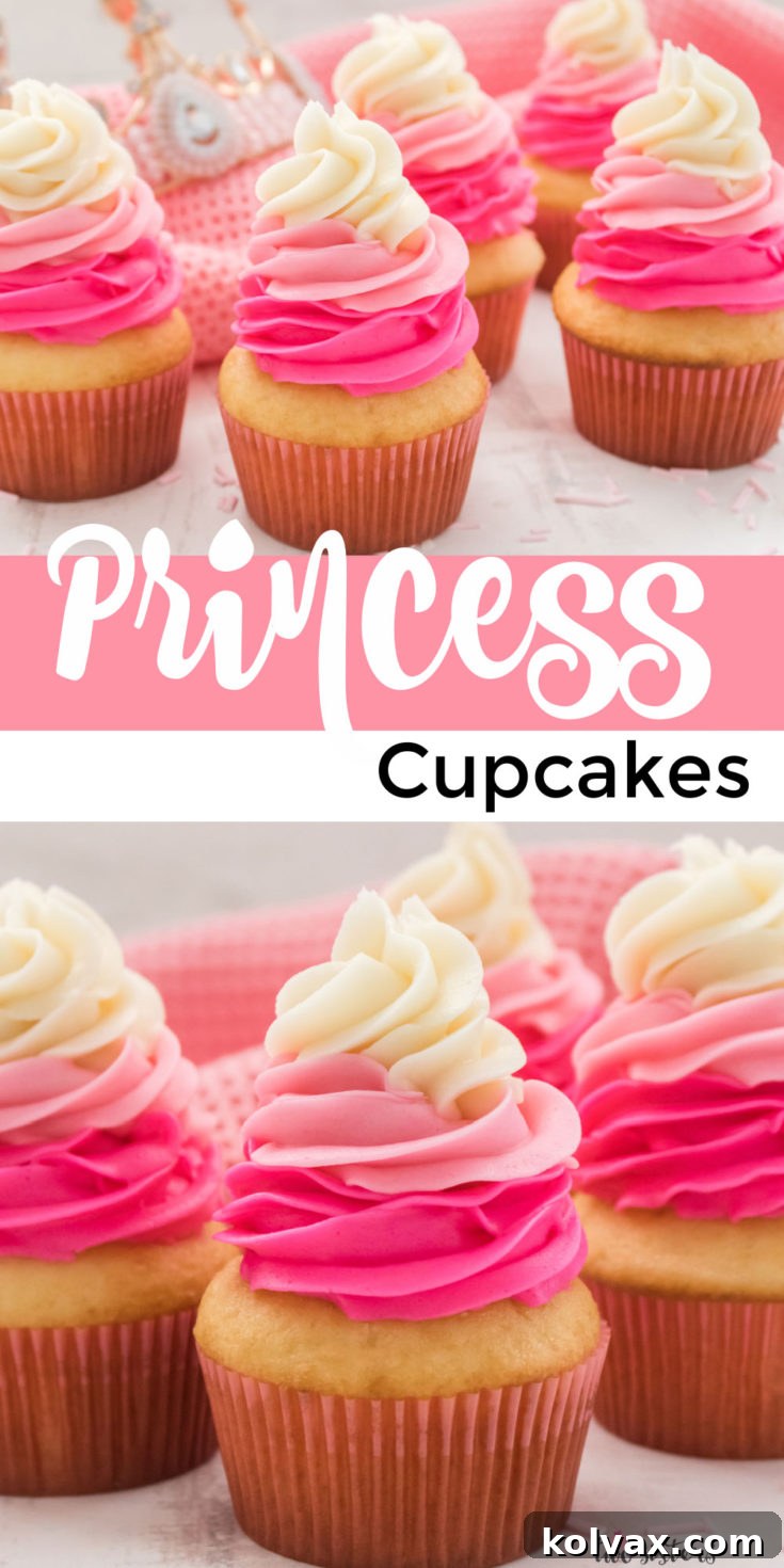 Pinnable image for Princess Cupcakes with pink ombre frosting.