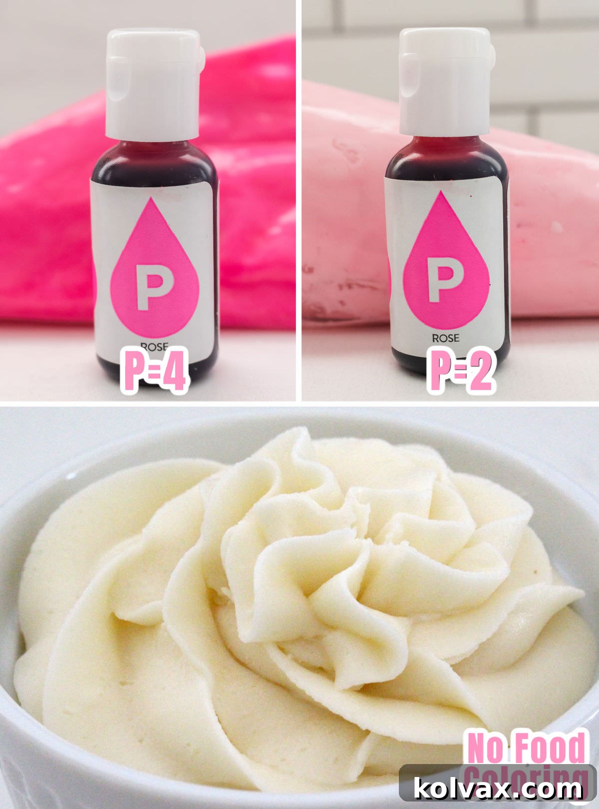 A step-by-step collage image illustrating the process of tinting buttercream frosting into two distinct shades of pink. The images show bowls of frosting with varying amounts of pink gel food coloring added.