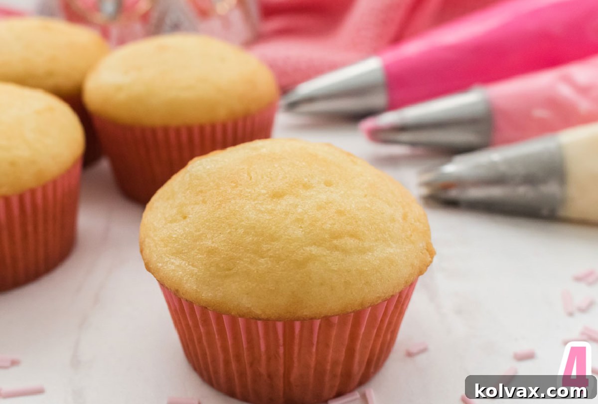 A close-up of a vanilla cupcake in a pink liner, resting on a white table. Around it are several more plain cupcakes and various piping bags filled with different shades of pink frosting, ready for the ombre decoration process.