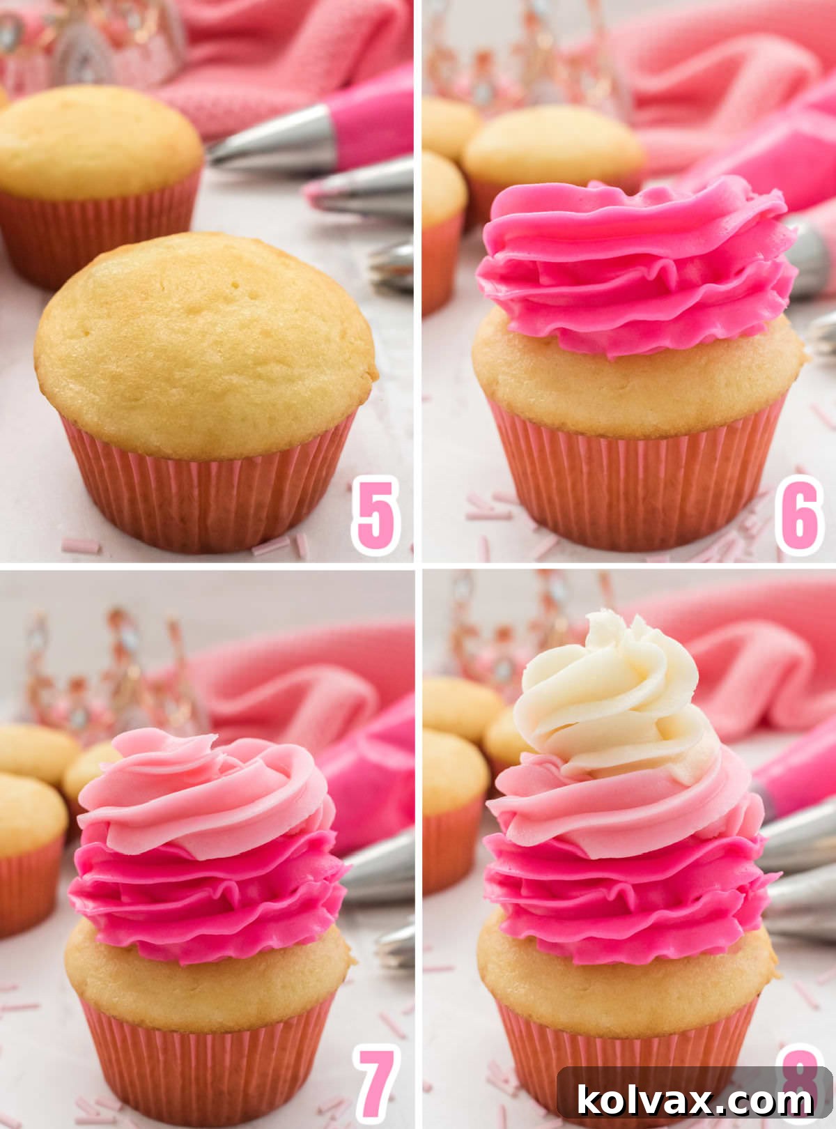 A detailed collage image providing a step-by-step visual guide on how to frost Princess Cupcakes using the pink ombre technique, from the base layer to the final peak.