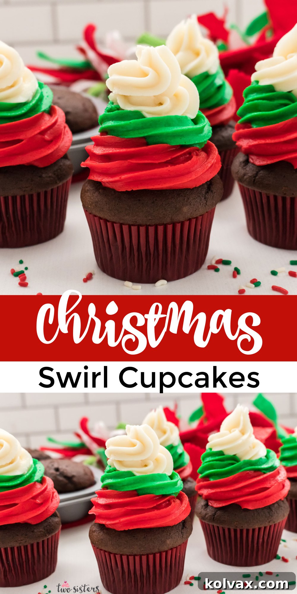 Pinnable image for Easy Christmas Cupcakes featuring red, green, and white buttercream.