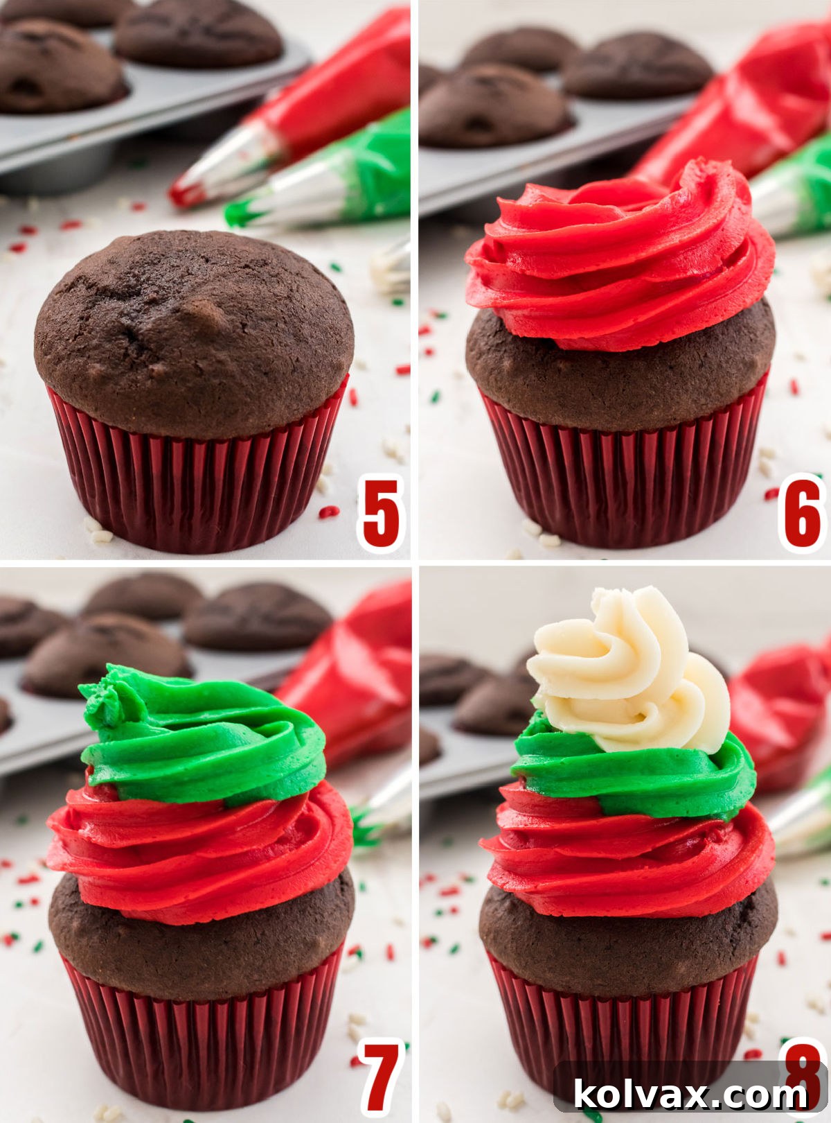 A detailed collage image depicting the step-by-step process of creating the signature Christmas Swirl of red, green, and white buttercream frosting on a chocolate cupcake, illustrating each layer's application.