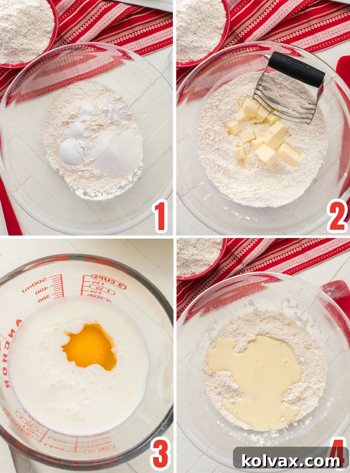 A step-by-step visual guide showing the process of mixing dry ingredients, cutting in cold butter, combining wet ingredients, and then adding them to form biscuit dough.