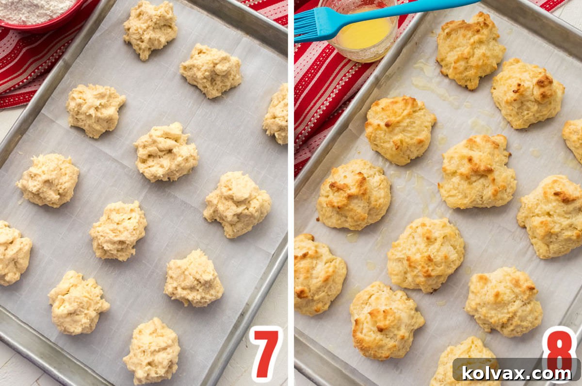 A collage showing two stages of baking: a cookie sheet with raw biscuit dough drops before going into the oven, and the same sheet with beautifully golden-brown, puffed Buttermilk Drop Biscuits after baking.
