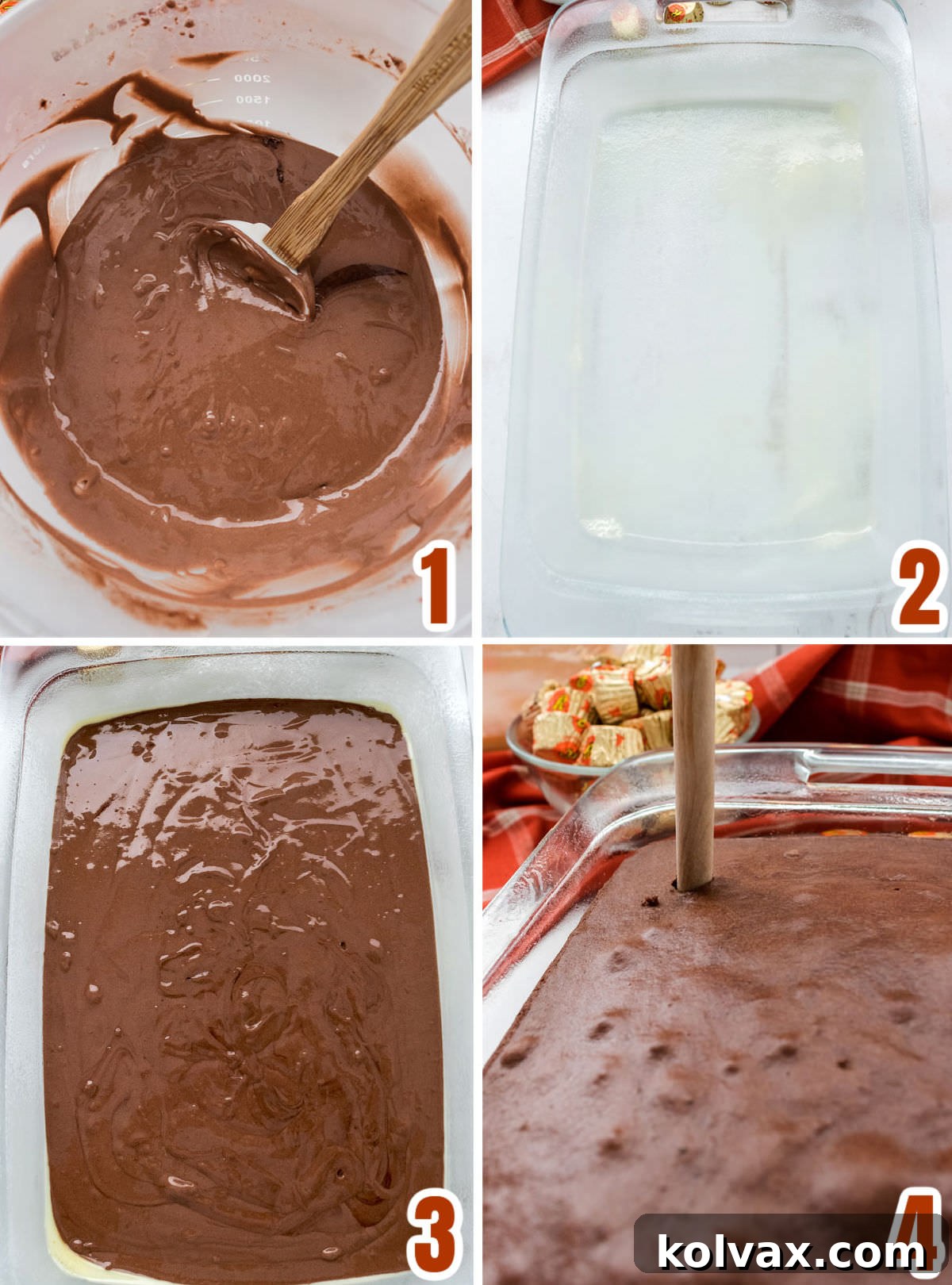 A step-by-step visual guide showing how to prepare and bake the chocolate cake in a 9x13 inch baking pan, from mixing the batter to pouring it into the greased pan, ensuring a moist and delicious foundation for the poke cake.