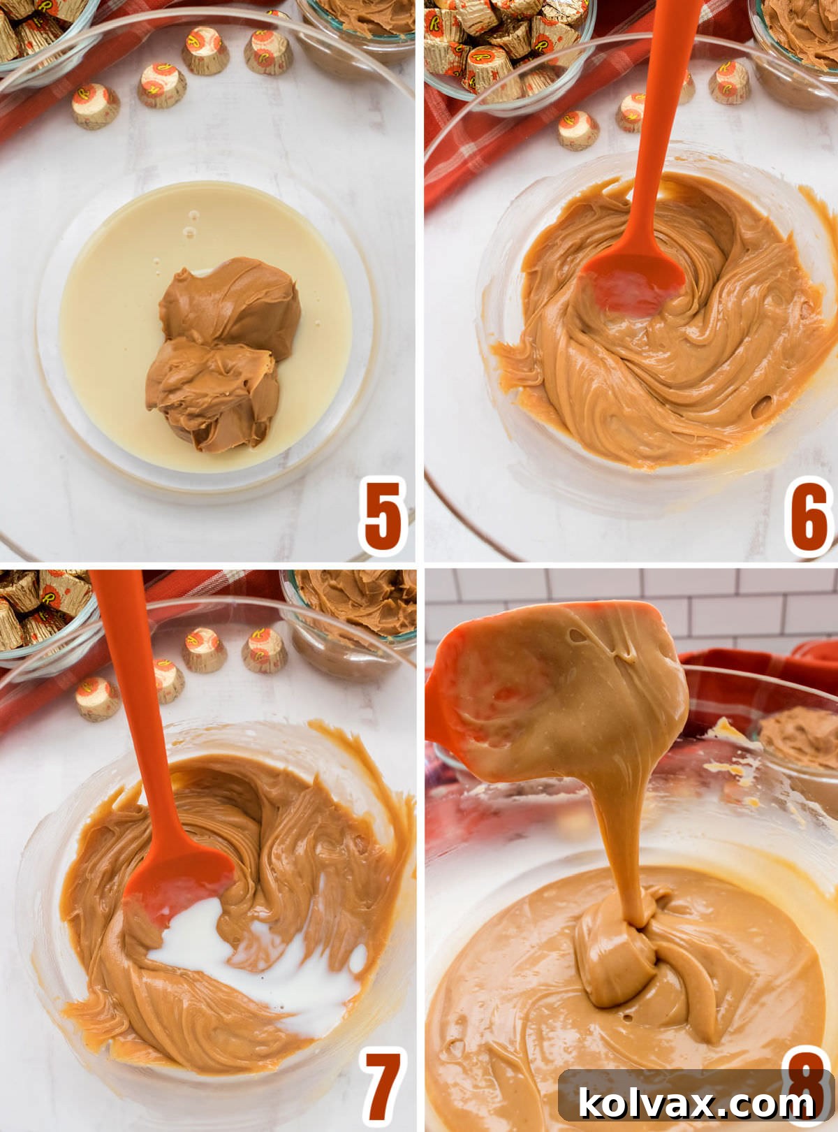 A visual sequence demonstrating the preparation of the rich peanut butter filling for the Chocolate Poke Cake, including combining two cans of sweetened condensed milk with creamy peanut butter in a mixing bowl and stirring until smooth.