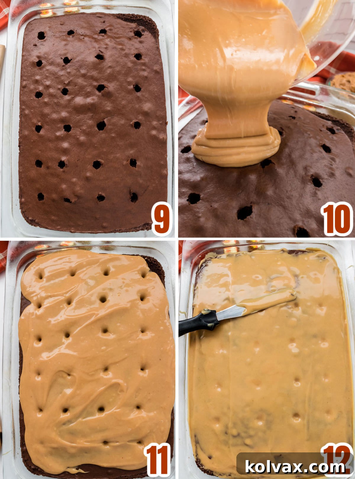 A compelling collage showing the critical steps for adding the creamy peanut butter filling to the cooled chocolate poke cake, illustrating the pouring and gentle spreading of the filling to ensure deep penetration into the cake's holes.