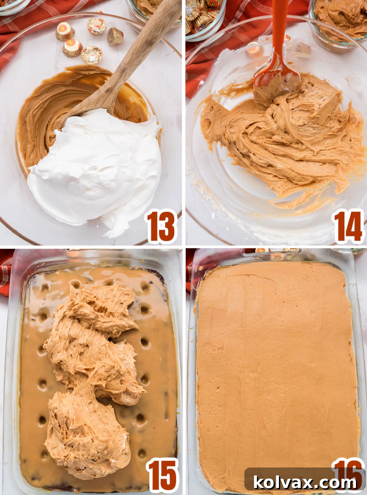 A comprehensive collage showing how to prepare the light and creamy whipped peanut butter topping for the Chocolate Peanut Butter Poke Cake, including stirring peanut butter until loose and gently folding in Cool Whip before frosting the cooled cake.