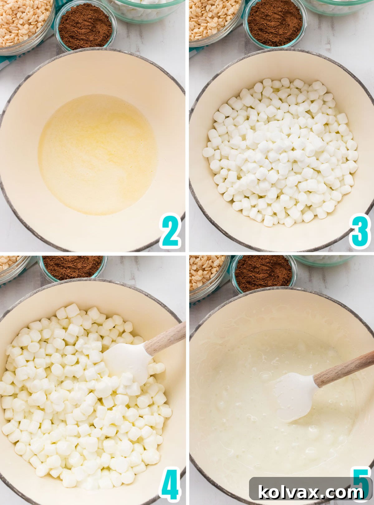 Collage image showing the steps on how to make the marshmallow mixture for the Chocolate Rice Krispie Treats.