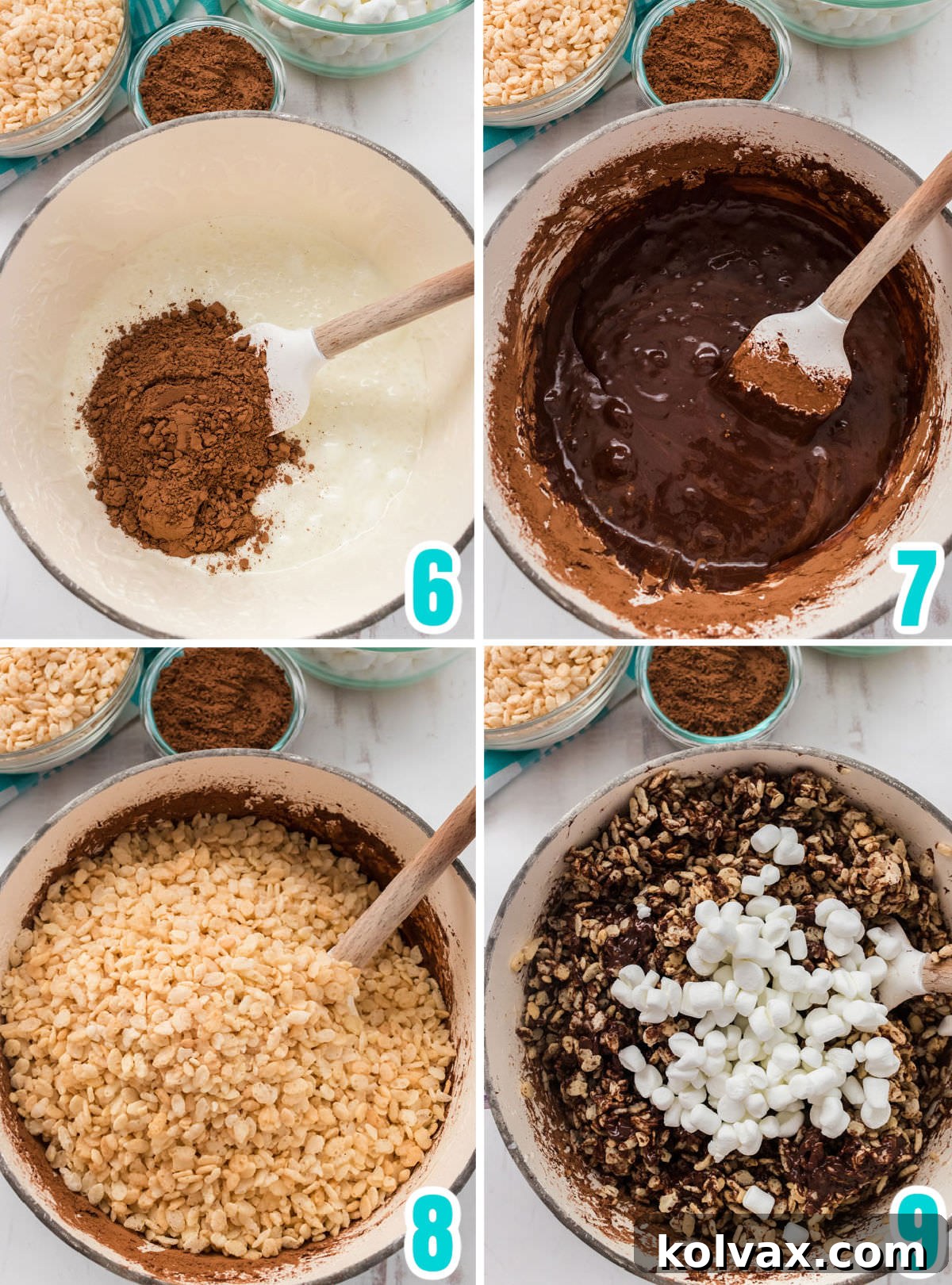 Collage image showing how to add the chocolate and the Rice Krispie Cereal to the marshmallow mixture.