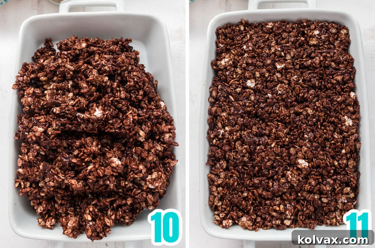 Collage image showing how to press the Chocolate Rice Krispie Treat mixture into the pan.