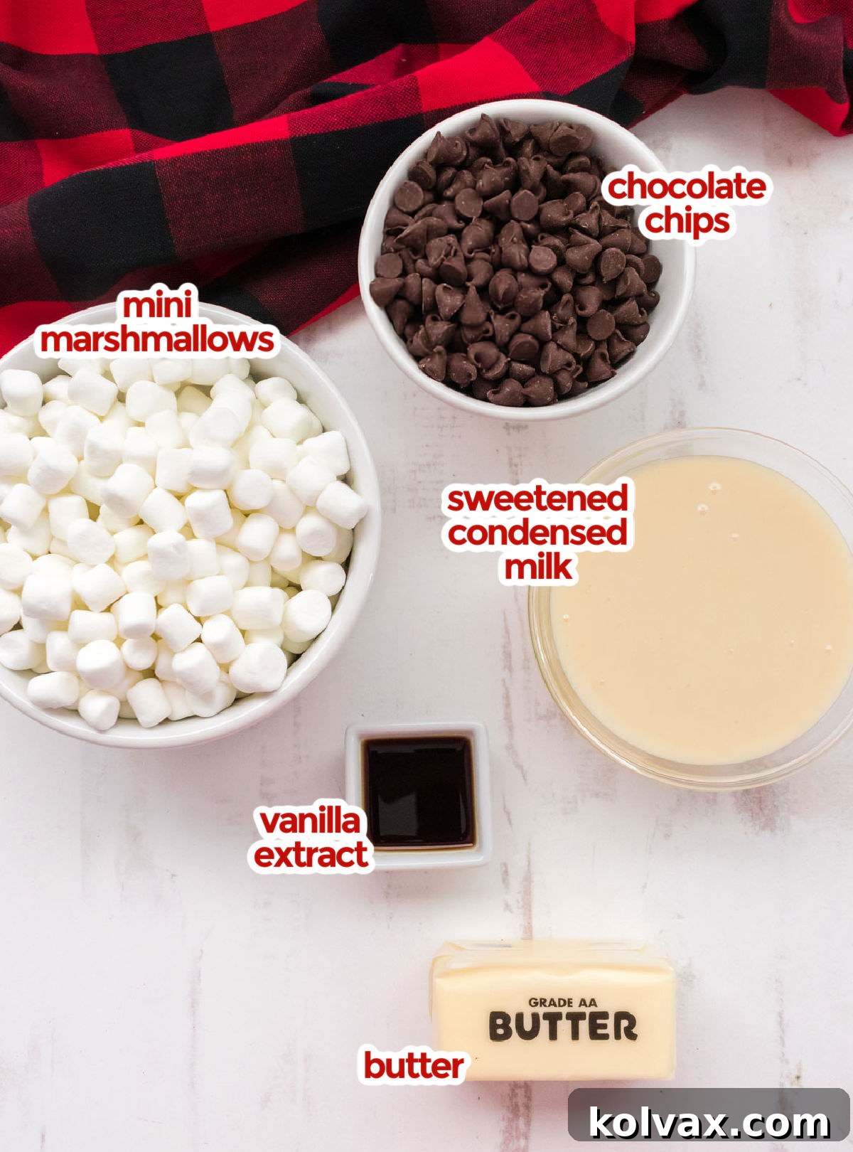 All the ingredients you will need to make Easy Chocolate Fudge including chocolate chips, mini marshmallows, sweetened condensed milk and vanilla extract.