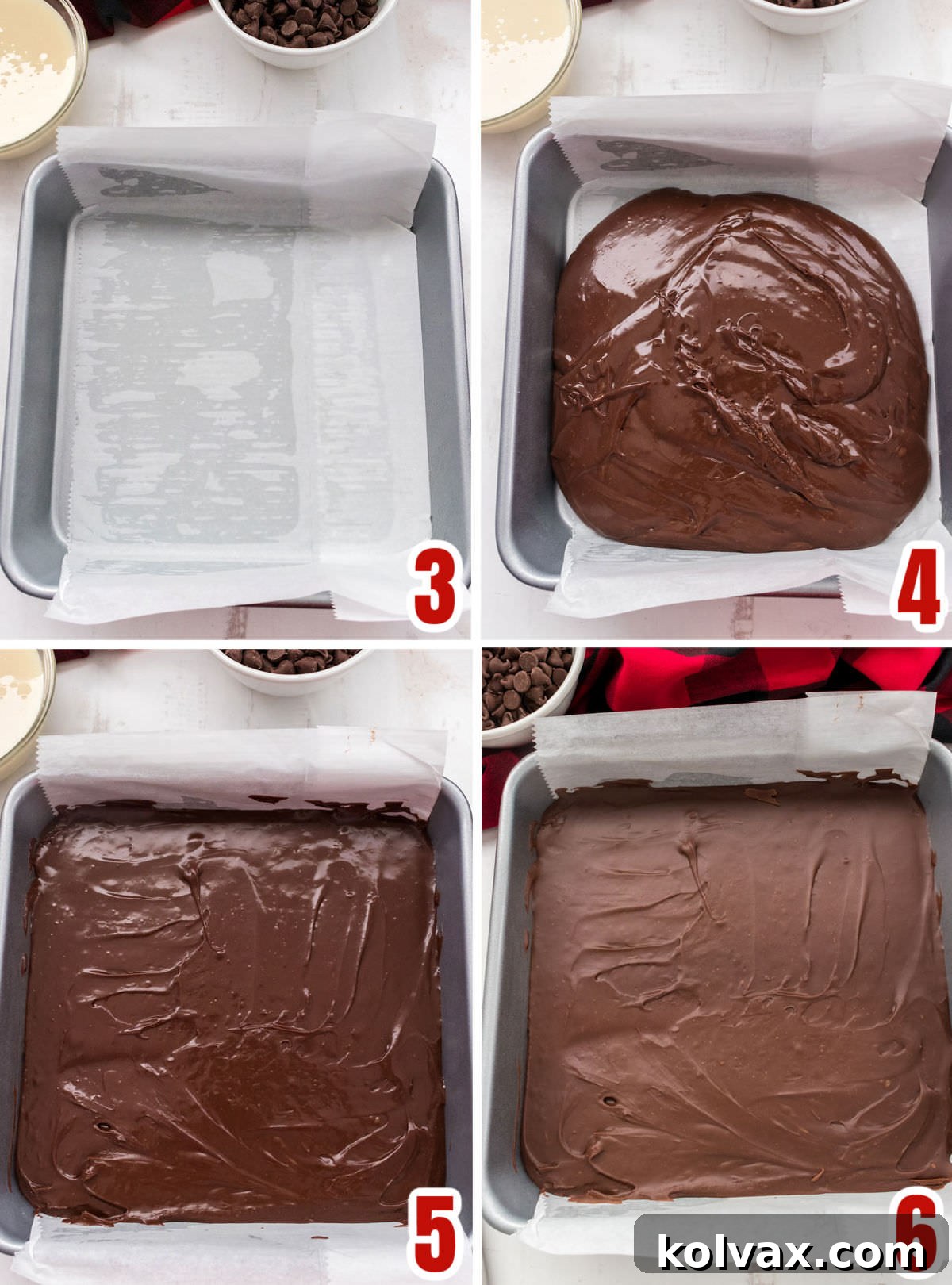 Collage image showing the steps for pouring the fudge mixture into an 8x8" baking pan.