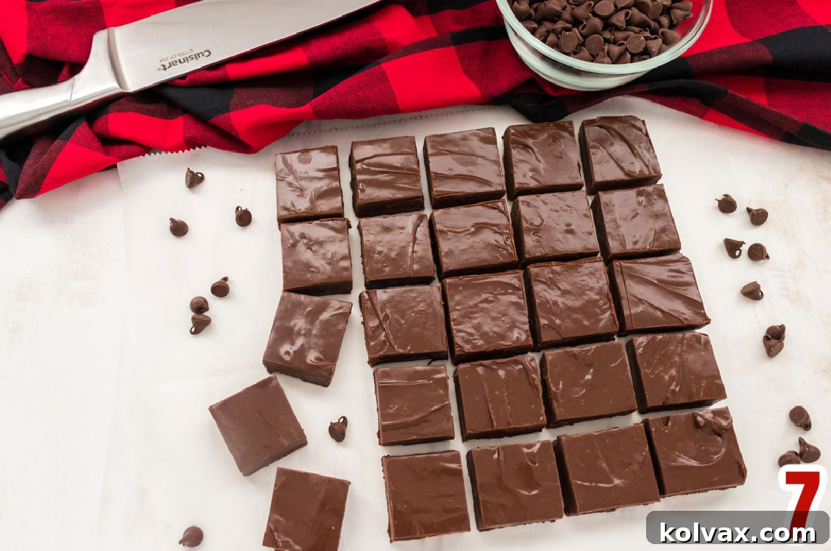 Overhead shot of 24 pieces of Easy Chocolate Fudge arranged in rows on a piece of parchment paper with a silver knife, buffalo check table linen and a ramekin filled with chocolate chips.