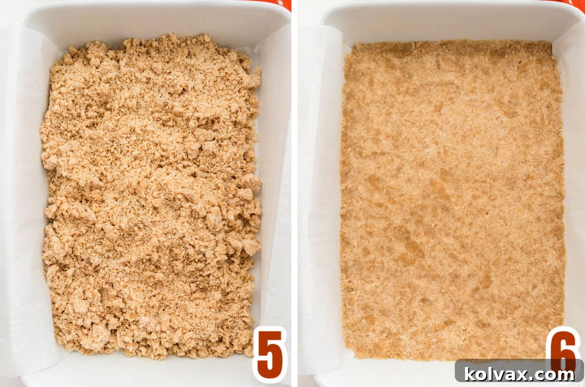 Collage image showing how to prepare the Shortbread Cookie layer for the bars.