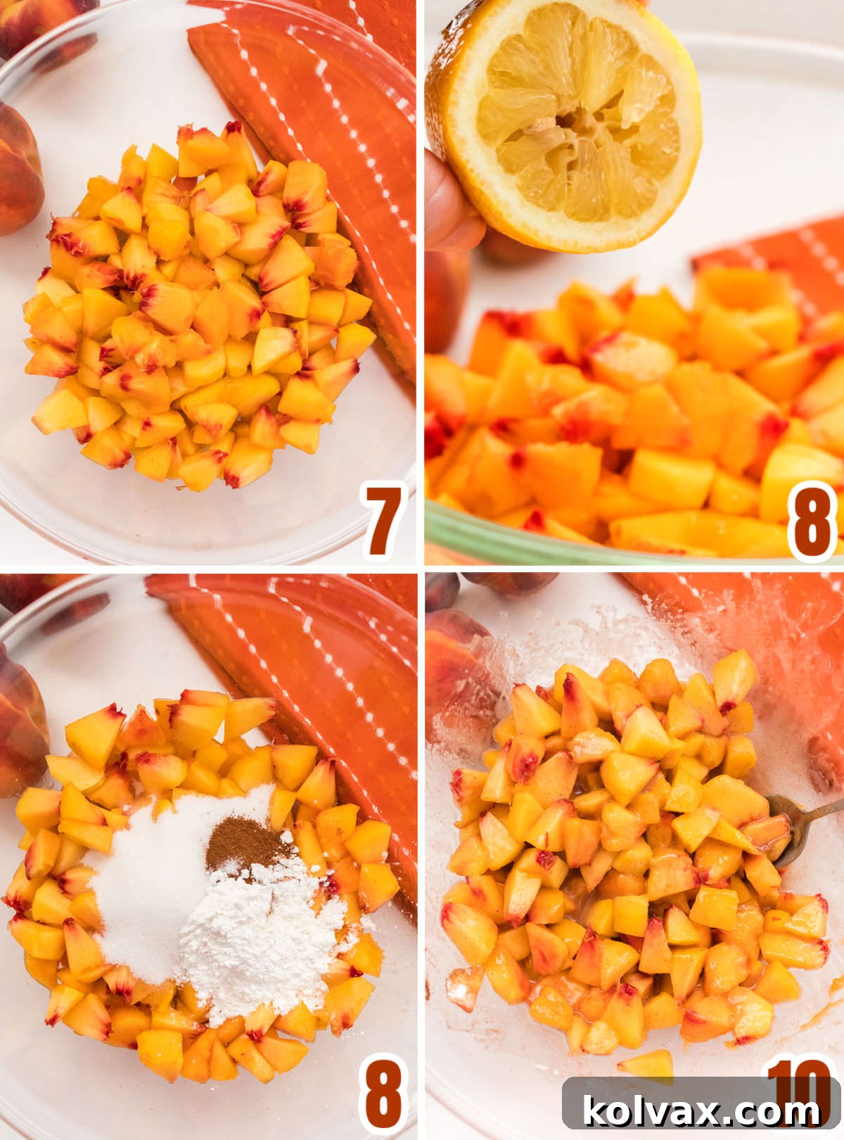 Collage image showing how to prepare the peach filling for the Crumble Bars.