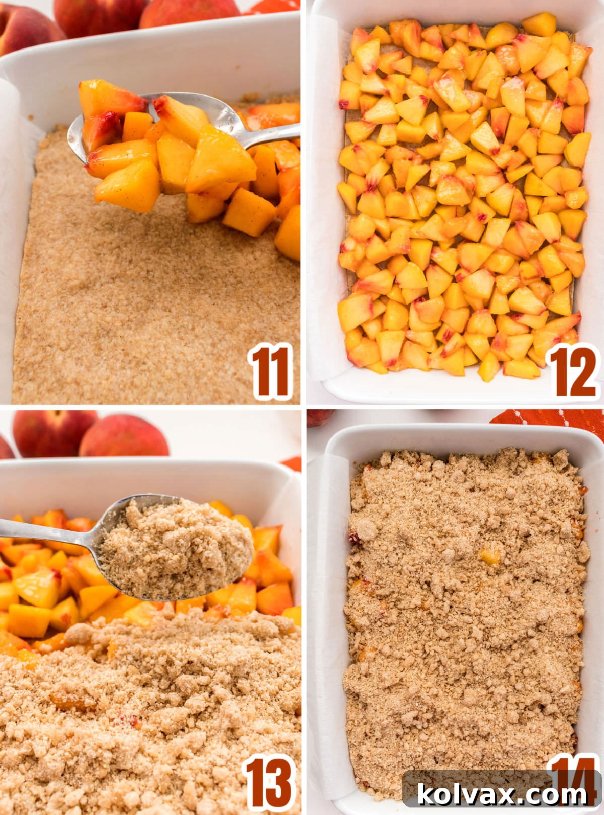 Collage image showing how to prepare the Peach Cookie Bars for the oven.