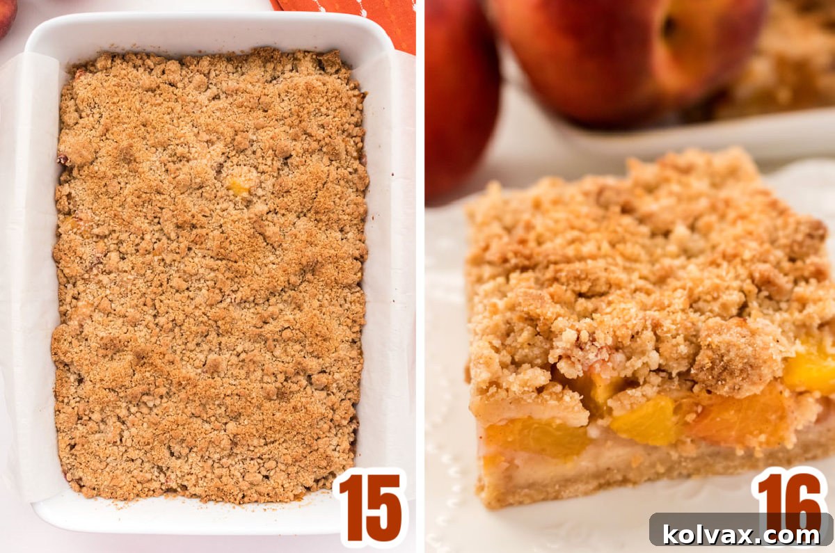 Collage image showing the Peach Crumble Bars just after they came out of the oven and a single bar on a white plate.