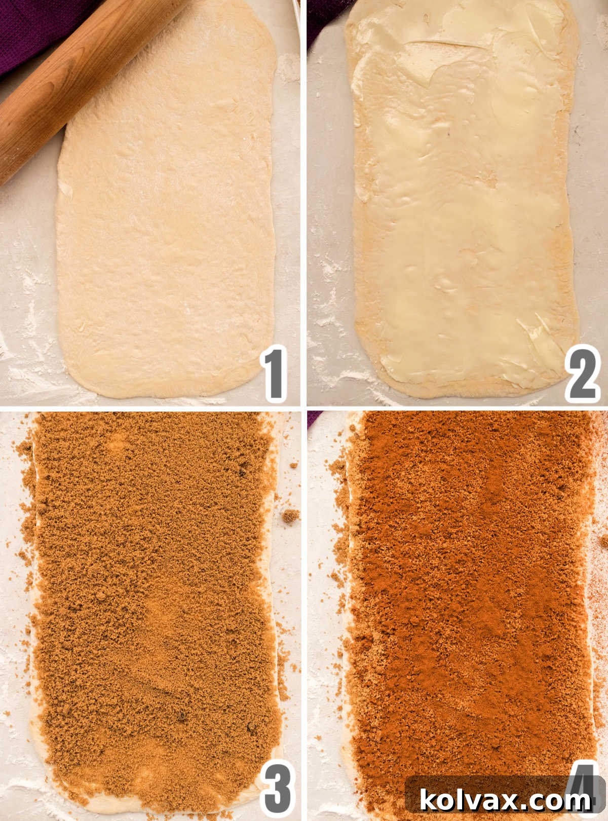 A step-by-step collage demonstrating the assembly of Caramel Sticky Buns, showing a thawed Bridgford dough being rolled flat, then generously spread with softened butter, followed by a layer of brown sugar, and finally a sprinkle of cinnamon.