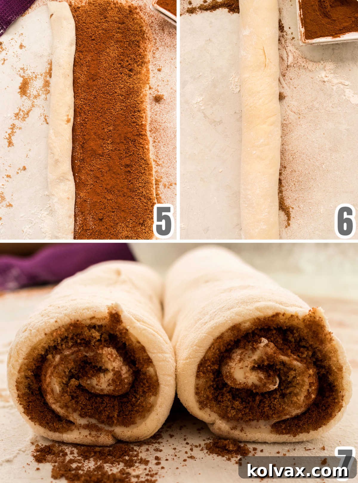 A step-by-step collage showing the final assembly of Caramel Sticky Buns: the cinnamon-sugar-coated dough being carefully rolled into a tight cylinder, followed by the process of slicing the log into individual 1-inch thick sticky bun pieces.