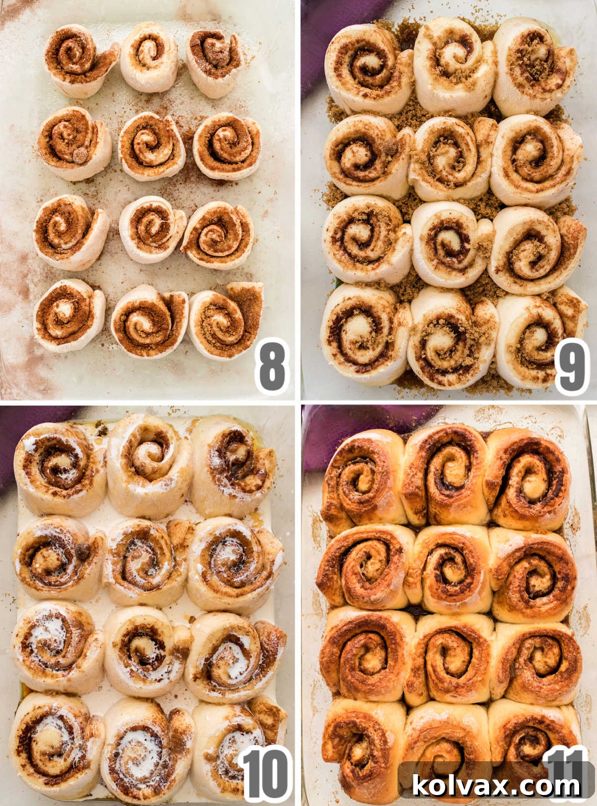 A collage demonstrating the baking stages of Caramel Sticky Buns: first, the raw buns rising in a baking pan, then a close-up of heavy whipping cream being poured over the risen buns, and finally the golden-brown sticky buns fresh out of the oven.