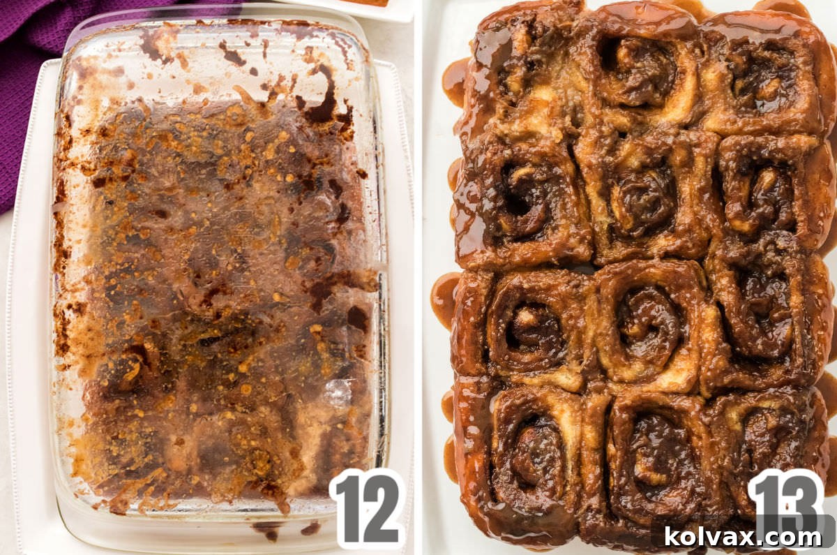 A collage demonstrating the serving method for Caramel Sticky Buns: first, the baked buns cooling slightly in the pan, then the pan being inverted onto a large serving platter to reveal the rich, caramel-coated tops.