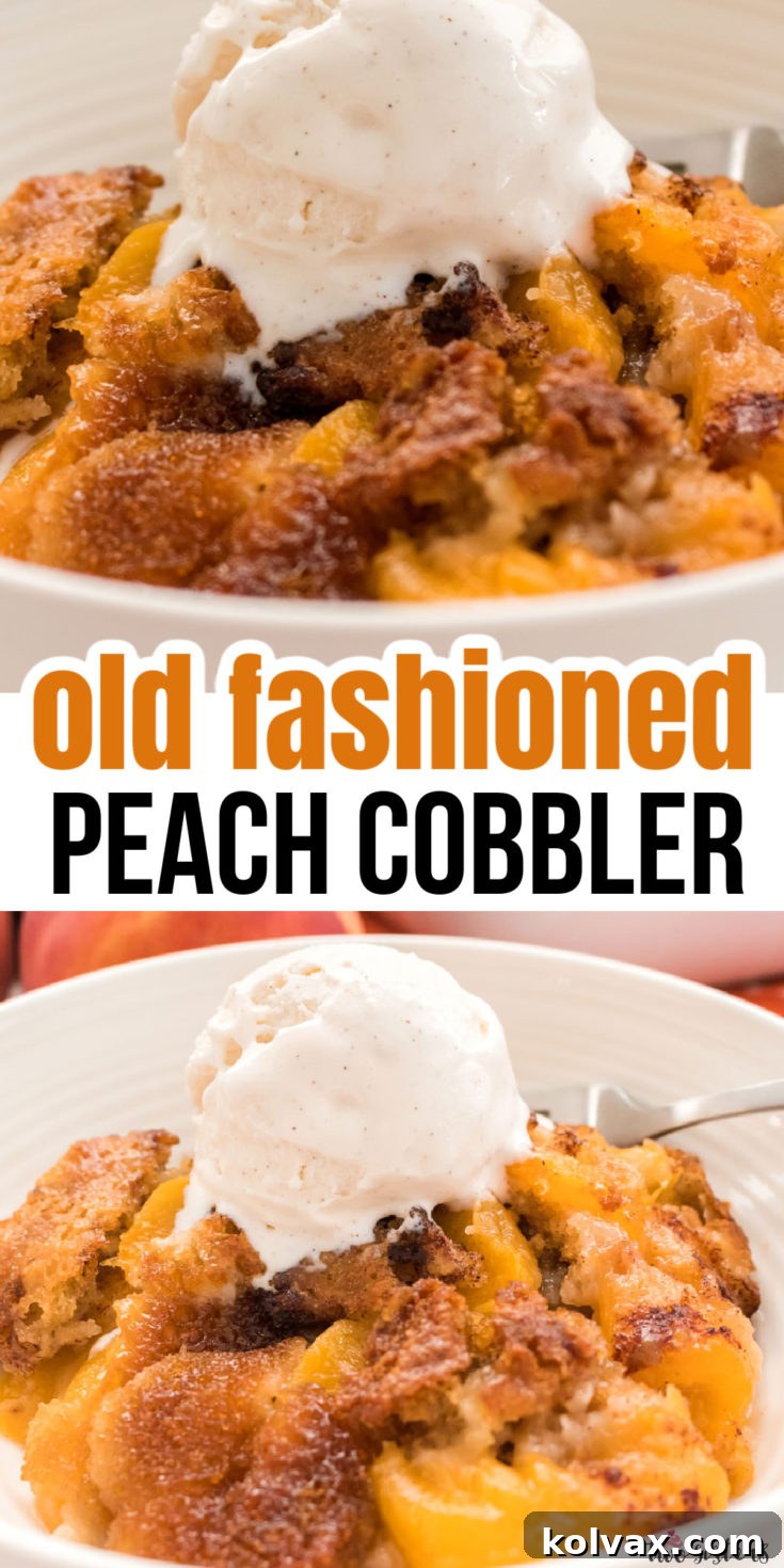 Old Fashioned Peach Cobbler with a scoop of ice cream on top