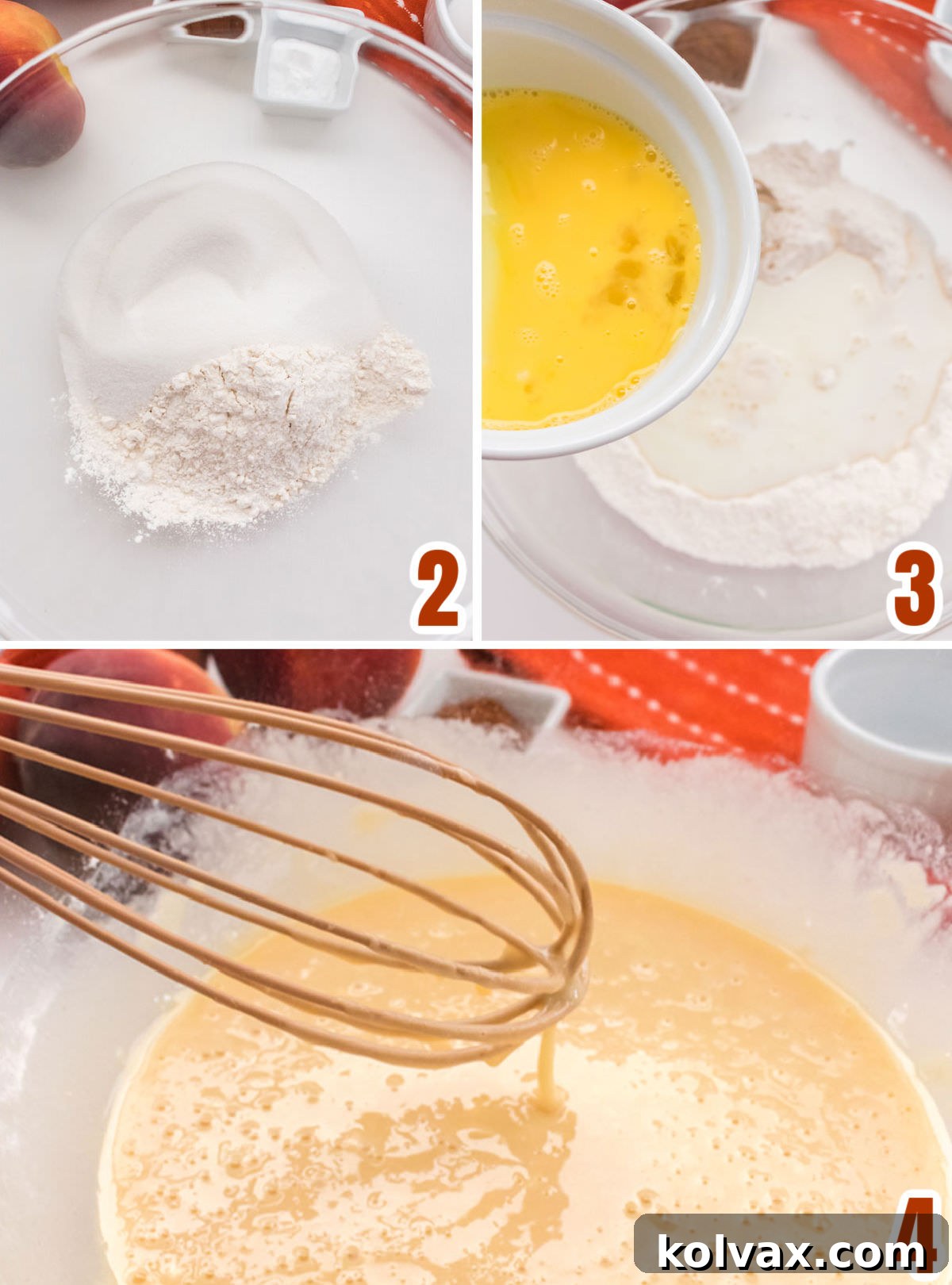 Heirloom Peach Cobbler 5 A four-panel collage showing the methodical steps for creating the peach cobbler batter: dry ingredients mixed in a bowl, wet ingredients added, and the final smooth batter ready for assembly.