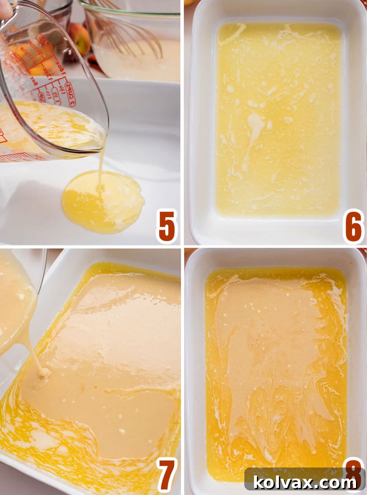 Heirloom Peach Cobbler 6 A collage of two images illustrating the initial assembly steps: melted butter being poured into a 9x13 inch baking dish, followed by the peach cobbler batter being carefully spread over the melted butter.