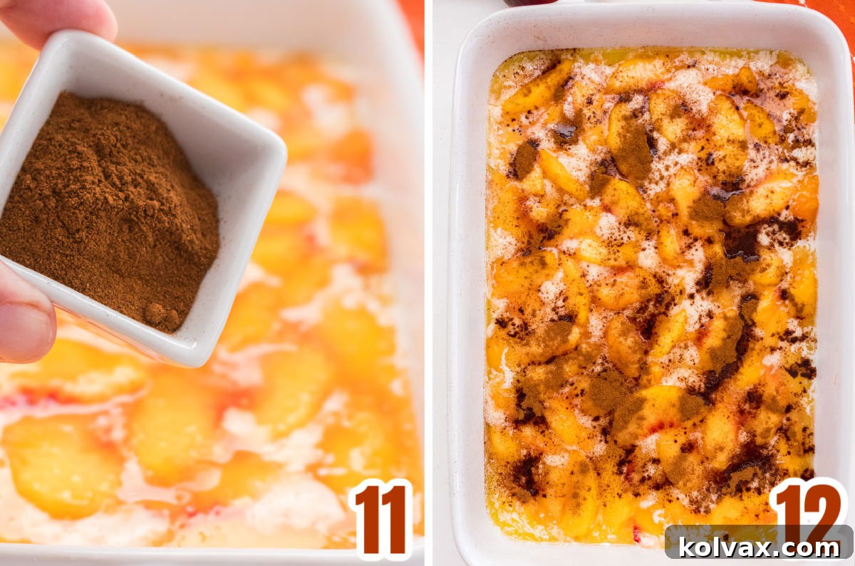 Heirloom Peach Cobbler 7 A two-panel collage showing the final assembly steps: fresh sugared peaches being spooned evenly over the cobbler batter, and then a dusting of ground cinnamon generously sprinkled over the peaches.