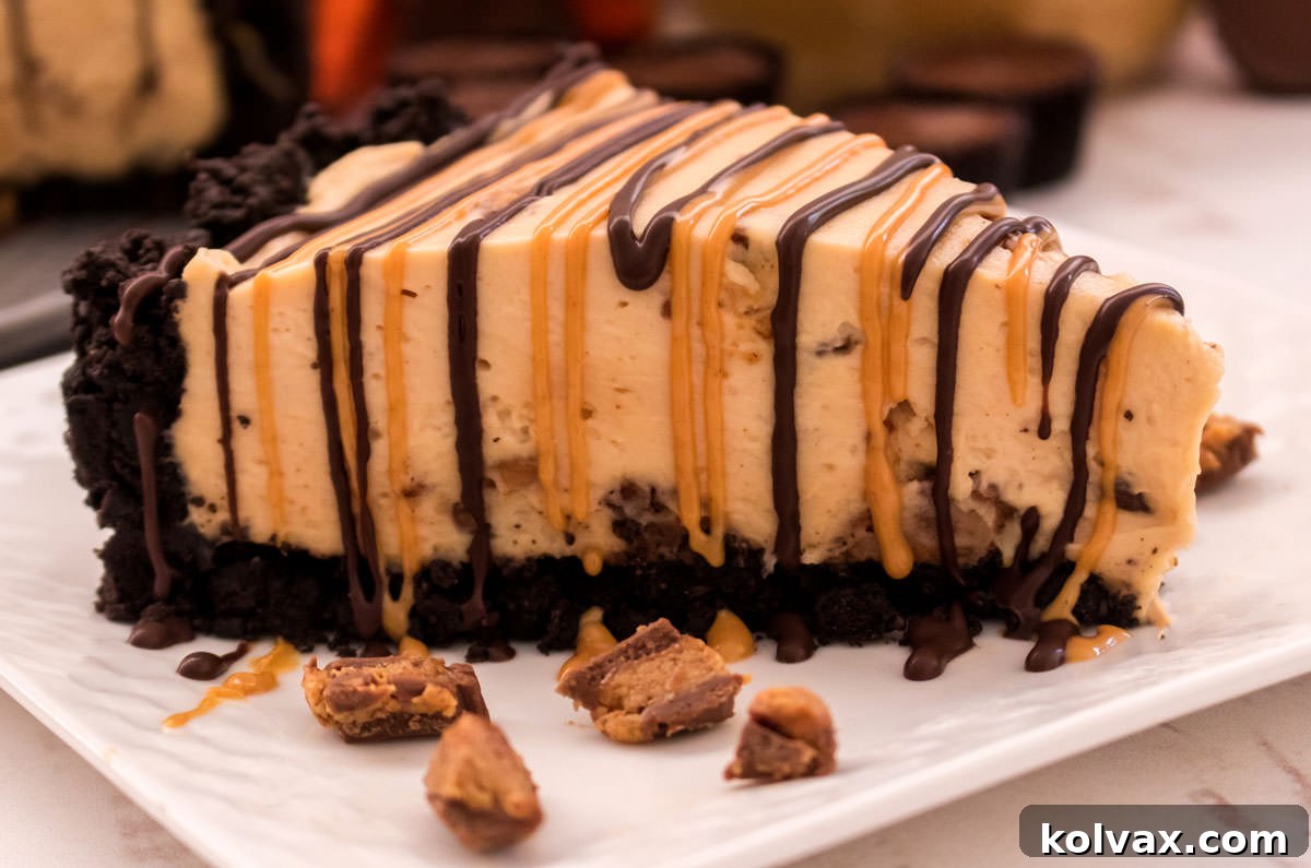 A close-up shot of a single slice of No-Bake Peanut Butter Cheesecake on a white plate, garnished with pieces of Reese's Peanut Butter Cups, highlighting its creamy texture and rich appearance.