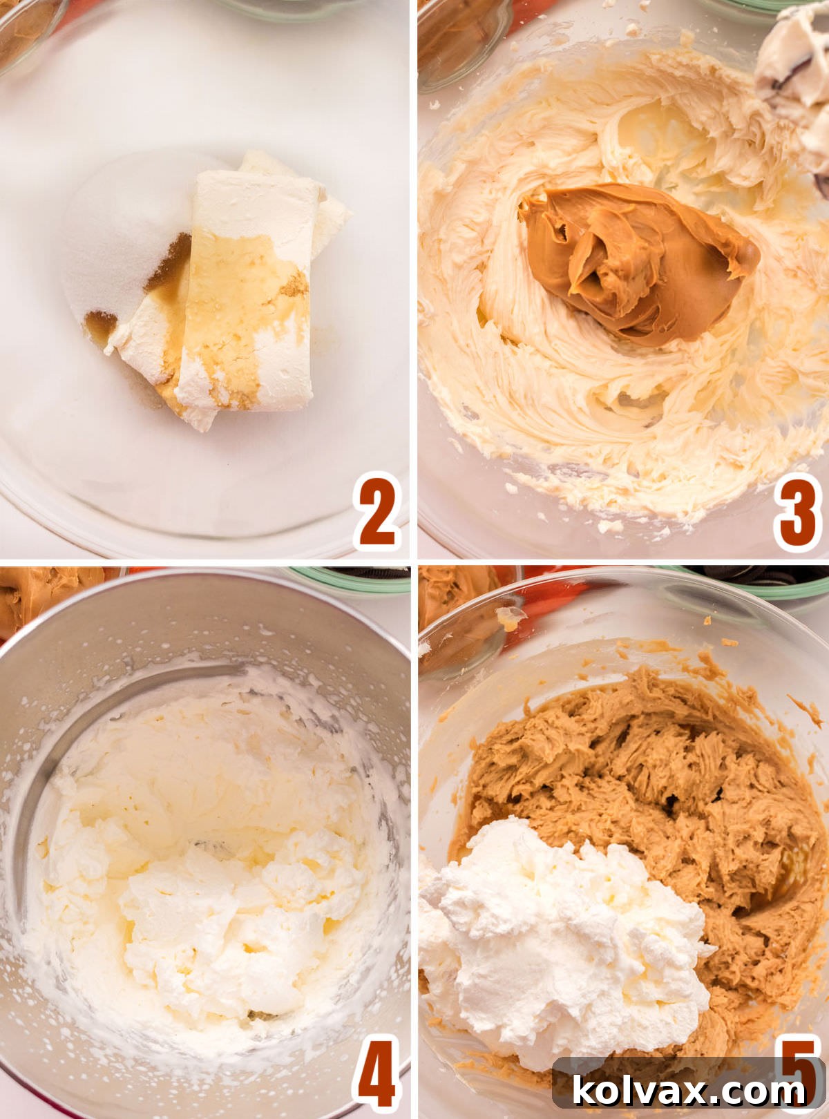 A collage demonstrating the initial steps of making the peanut butter cheesecake filling: softening cream cheese, mixing with sugar and vanilla, then incorporating peanut butter until smooth.