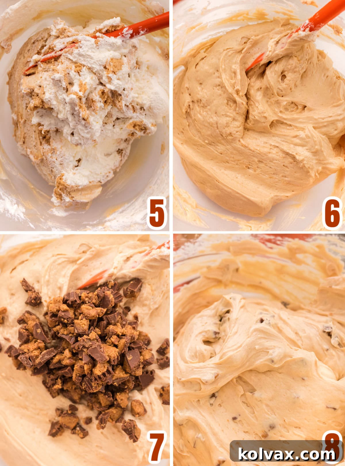 A two-part image showing the final steps of preparing the cheesecake filling: gently folding whipped cream into the peanut butter mixture, followed by folding in roughly chopped Reese's Peanut Butter Cups.