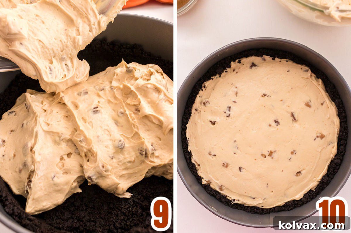 A visual demonstration of assembling the cheesecake, showing the creamy peanut butter filling being carefully poured into the prepared Oreo cookie crust within a springform pan.