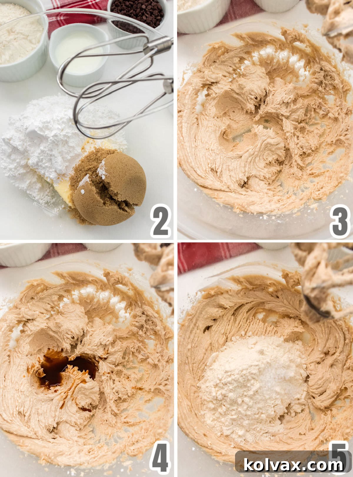 Collage image showing the initial steps of how to make Edible Cookie Dough: creaming butter and sugars, adding vanilla, and mixing in heat-treated flour.