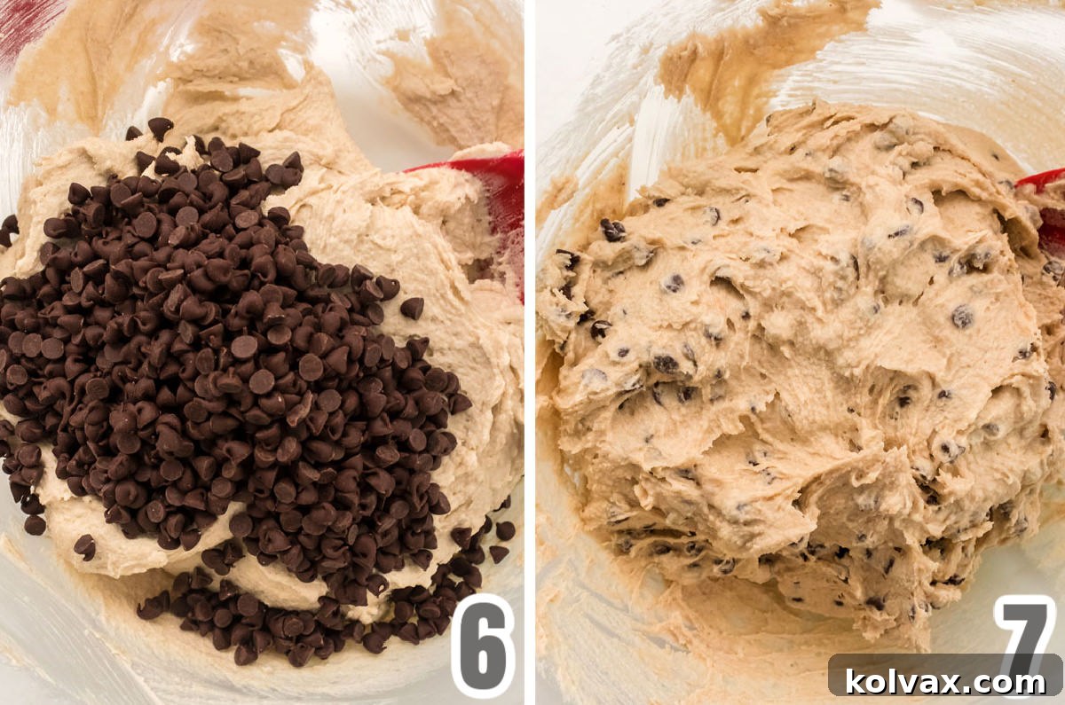 Collage image showing the final steps: adding mini chocolate chips and mixing them into the edible cookie dough.