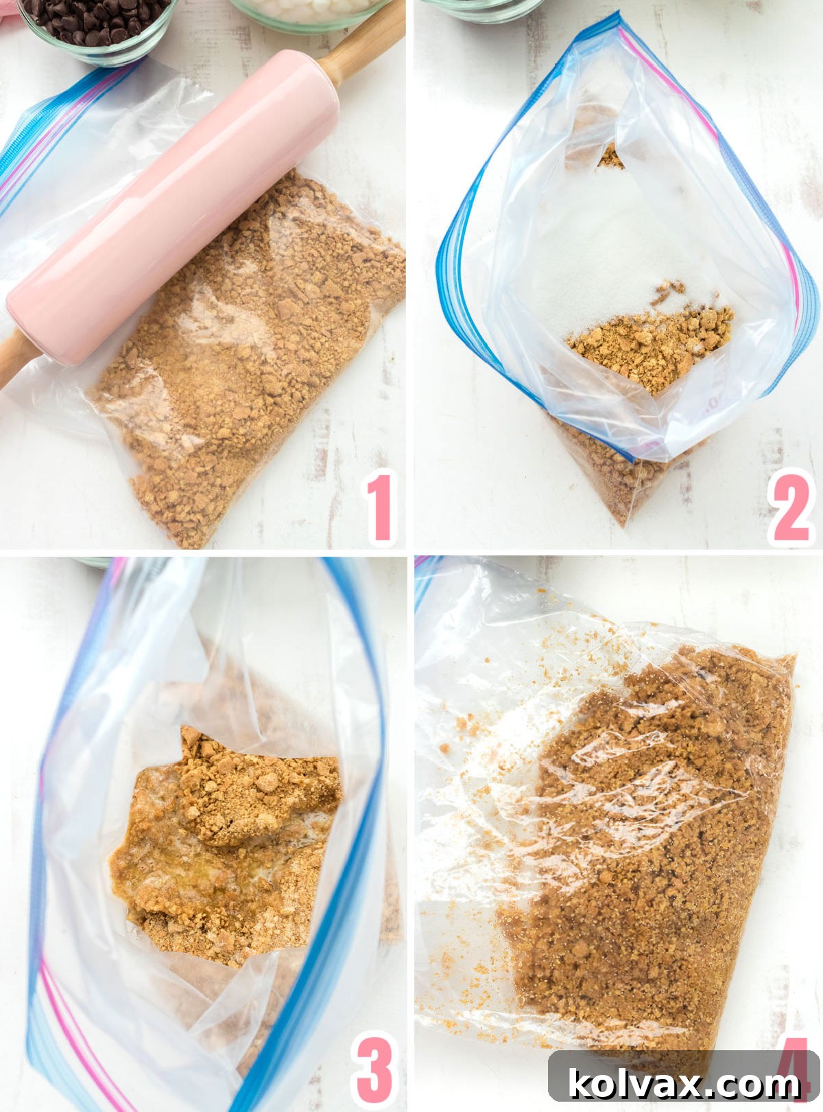 A collage showing four steps to making a graham cracker crust: crushing crackers in a bag, adding sugar, adding melted butter, and massaging the mixture.