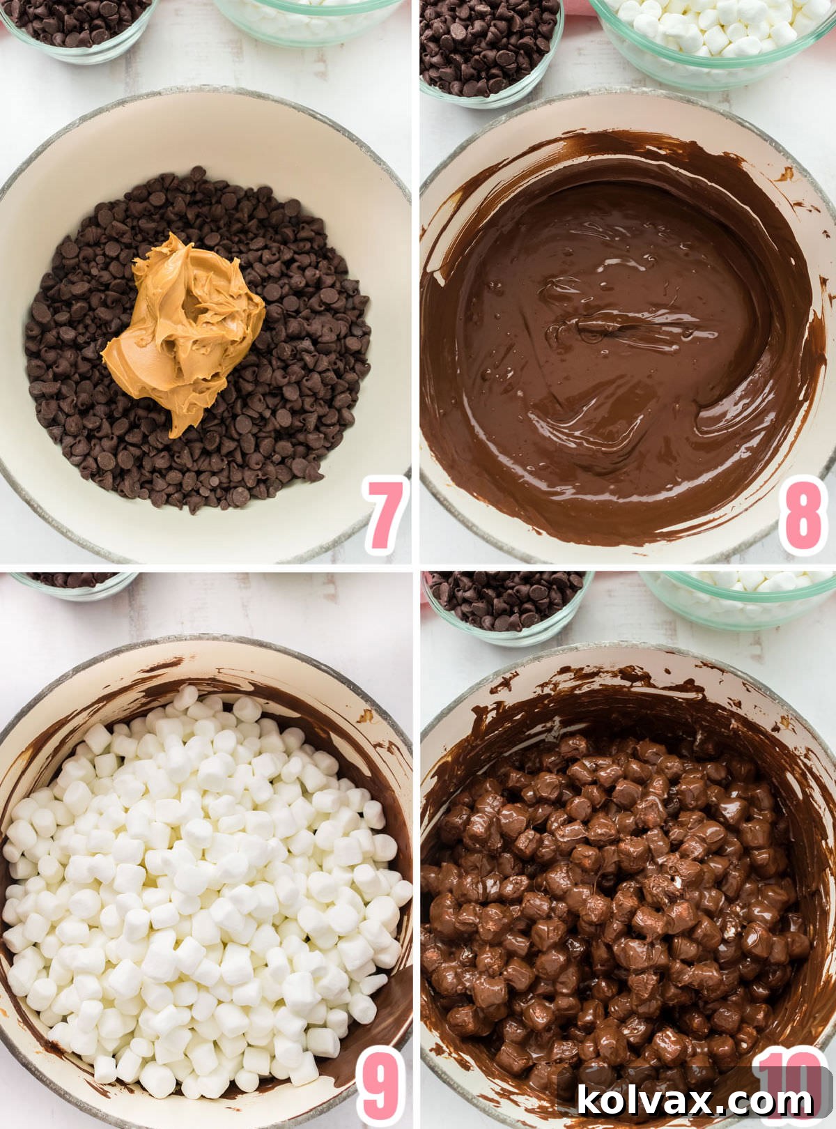 A collage showing the steps for creating the chocolate marshmallow layer: melting chocolate chips and peanut butter, adding mini marshmallows, and folding them into the mixture.
