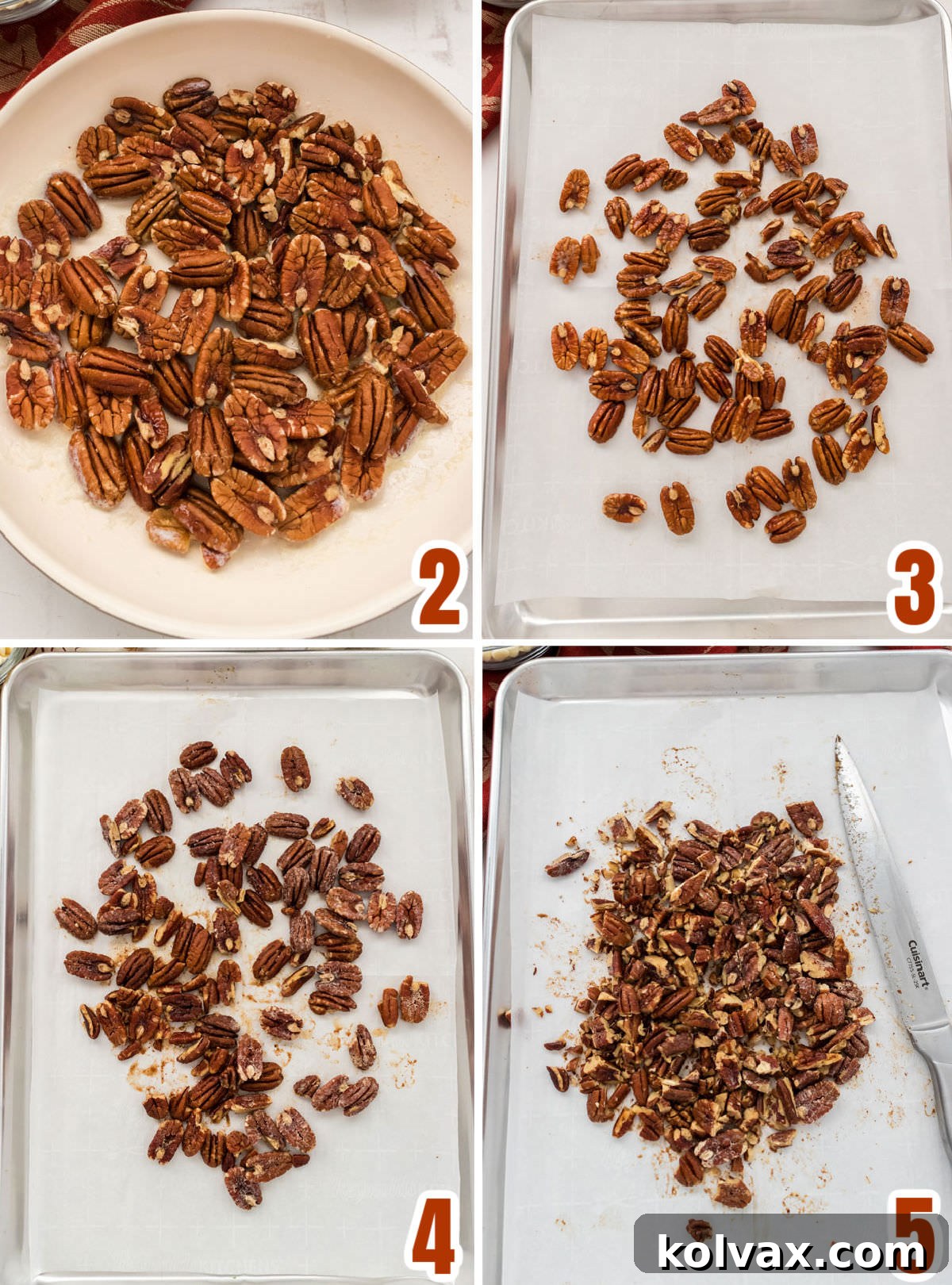 A collage demonstrating the steps to toast pecans in butter, from melting butter to coating pecans and spreading them on a baking sheet.