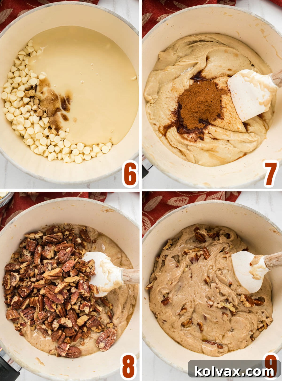 A collage illustrating the steps for making Butter Pecan Fudge, from melting ingredients in a saucepan to folding in pecans, ensuring a smooth process.